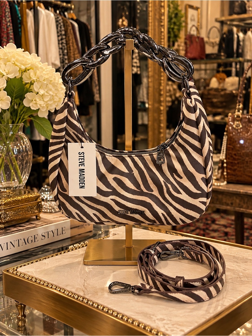 Steve Madden Zebra-Print Shoulder Bag in Black & White with Chain Handle NWT